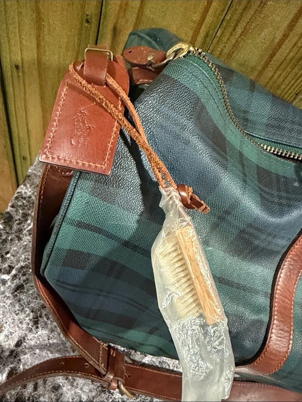 Polo by Ralph Lauren Dark Green and Navy Plaid Leather-Trim Duffel